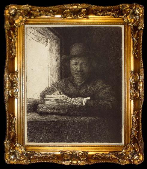 framed  REMBRANDT Harmenszoon van Rijn Self-Portrait,Etching at a Window, ta009-2